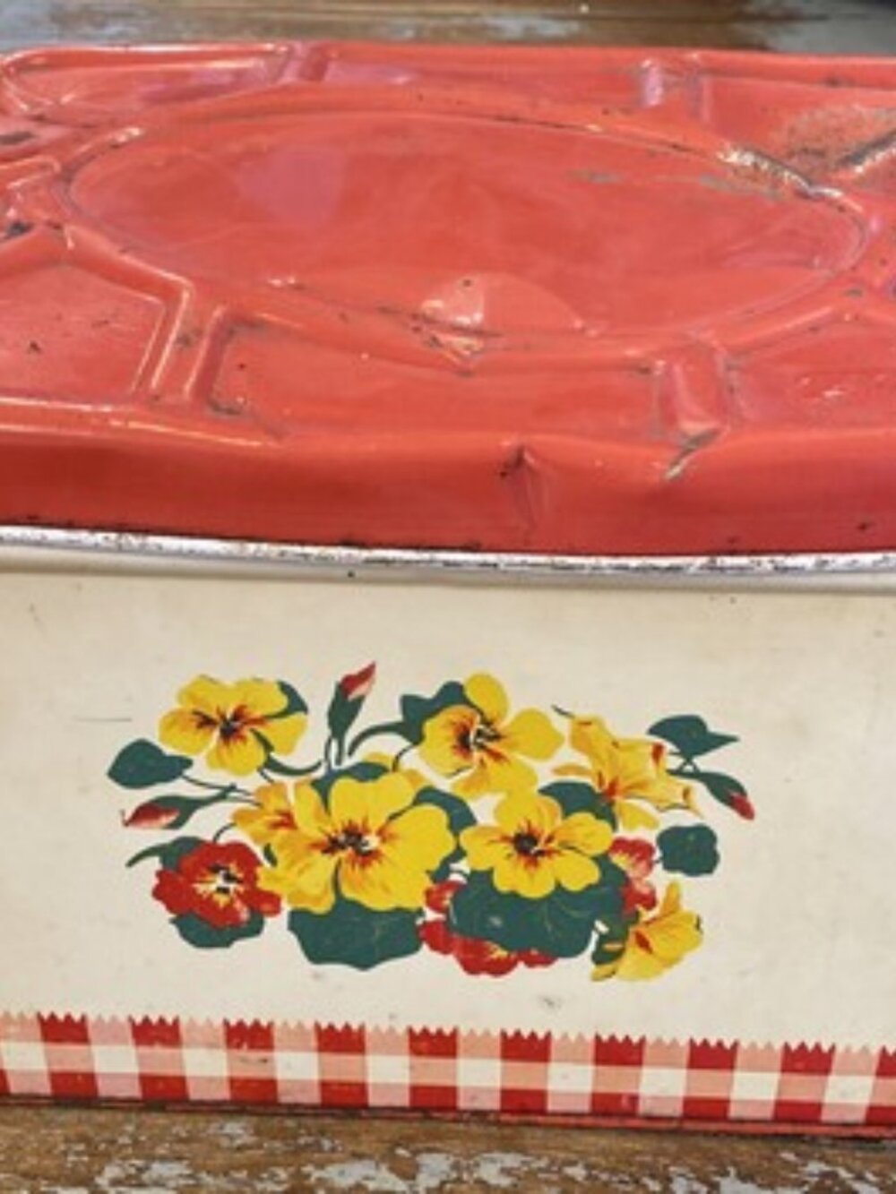 Vintage Red Checked Nasturtium Metal Tin Bread Box Country Cottage Farmhouse
